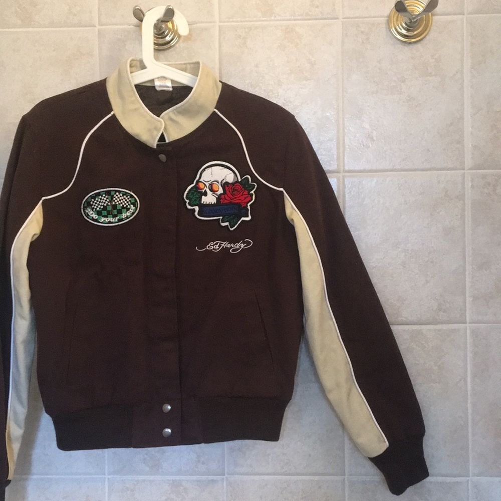 Ed Hardy jacket, brown with patches